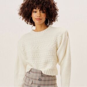 NEW For Love & Lemons Dominique Shoulder Pad Cable Knit Sweater Ivory Size S